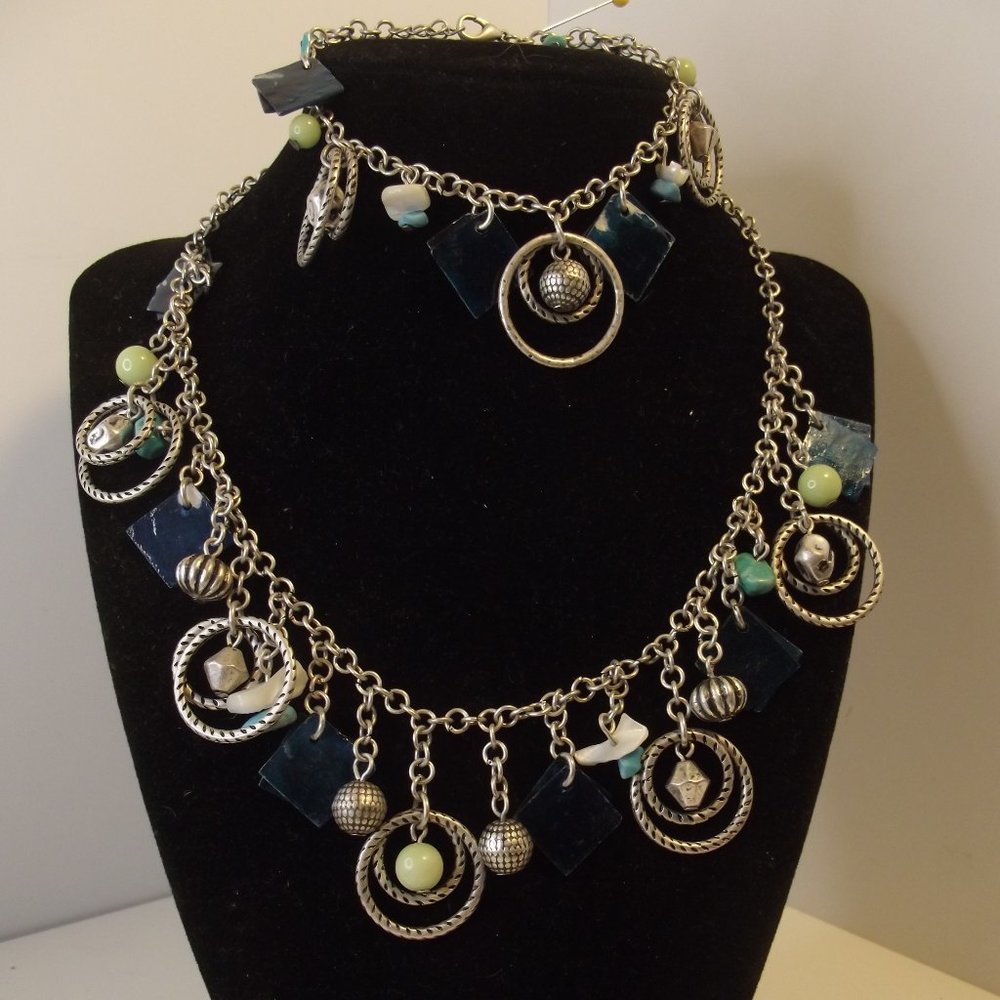 Necklace & Bracelet Set Silver tone Charm Genuine Shell with Beads Beachwear